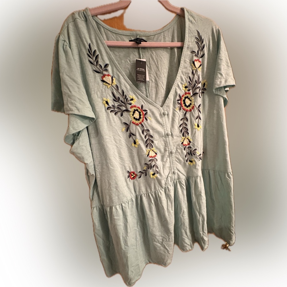 Lane Bryant Light Teal Embroidered Blouse